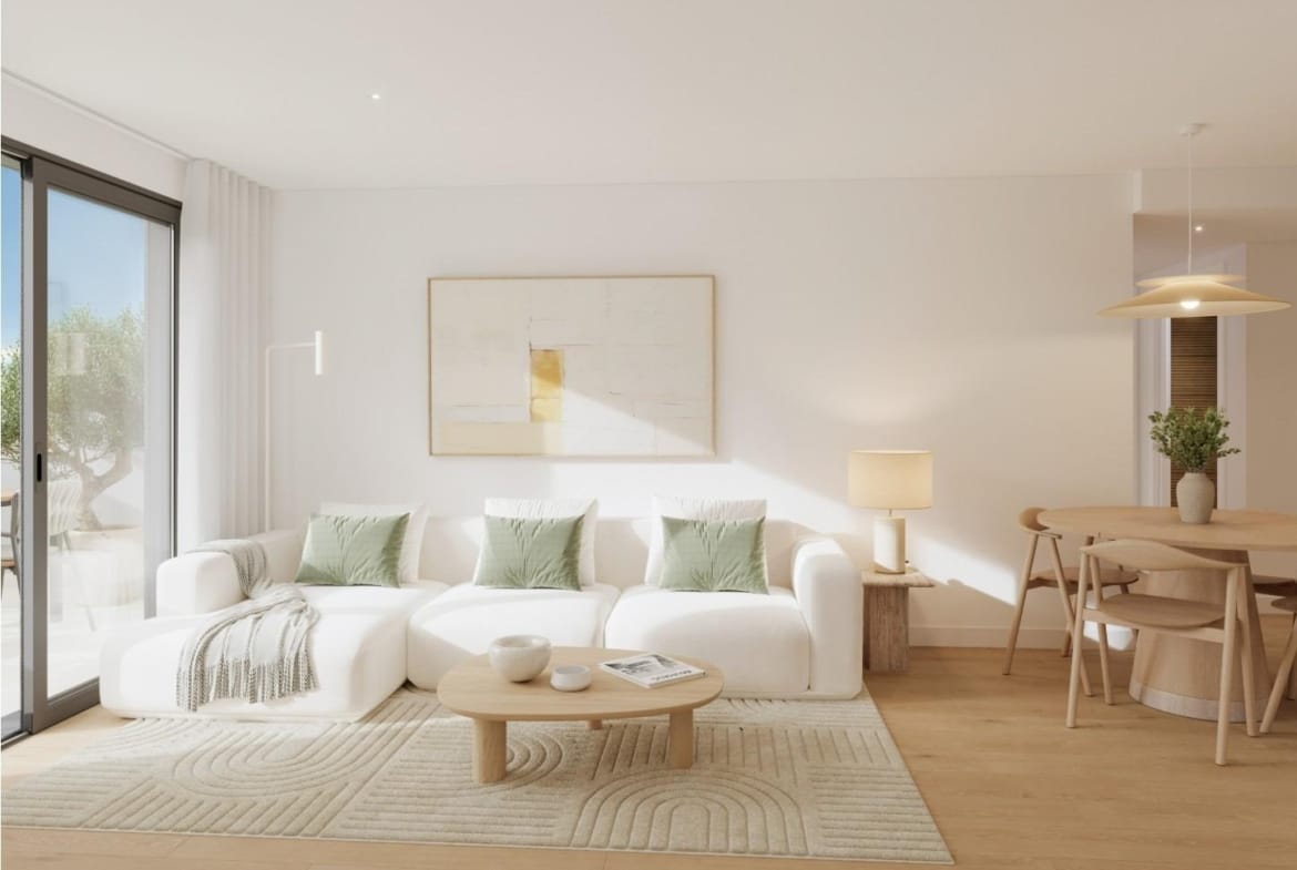 Bright living room with modern furniture and balcony in a 3 bedroom penthouse with solarium in Cala de Finestrat.