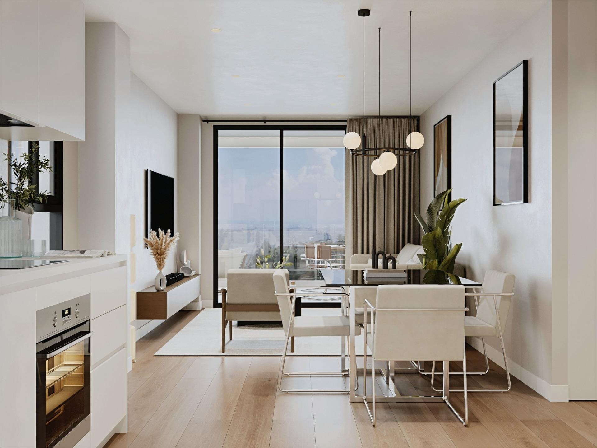 Luxury-New-Build-Apartments-in-Cala-Finestrat-Close-to-the-Beach-9 Bright open-plan living and dining area with modern kitchen in elevated 2-bedroom penthouse in Cala de Finestrat.