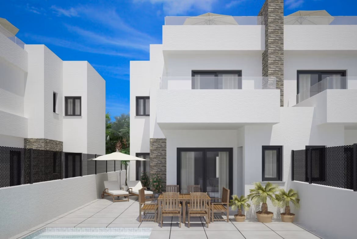 Luxury-New-Build-Semi-Detached-Villas-at-Vistabella-Golf-Resort-1 Exterior view of new build semi-detached villa with private pool and patio dining area in Vistabella Golf Resort
