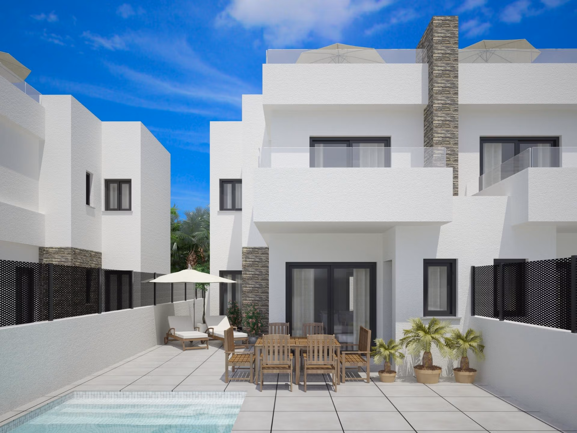Luxury-New-Build-Semi-Detached-Villas-at-Vistabella-Golf-Resort-1 Exterior view of new build semi-detached villa with private pool and patio dining area in Vistabella Golf Resort