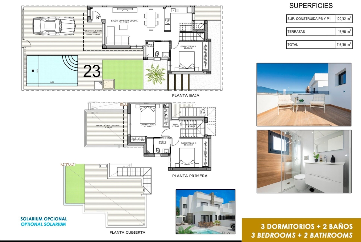 Floor plan and images of a stylish new build semi-detached villa with terrace and private pool in Vistabella Golf Resort.