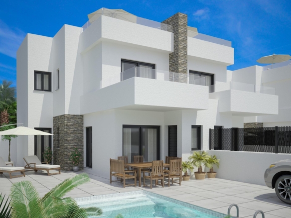 Exterior view of a new build semi-detached villa with terrace and private pool in Vistabella Golf Resort