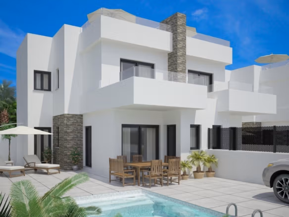 Exterior view of a nieuwbouw geschakeld villa with terrace and privézwembad in Vistabella Golf Resort