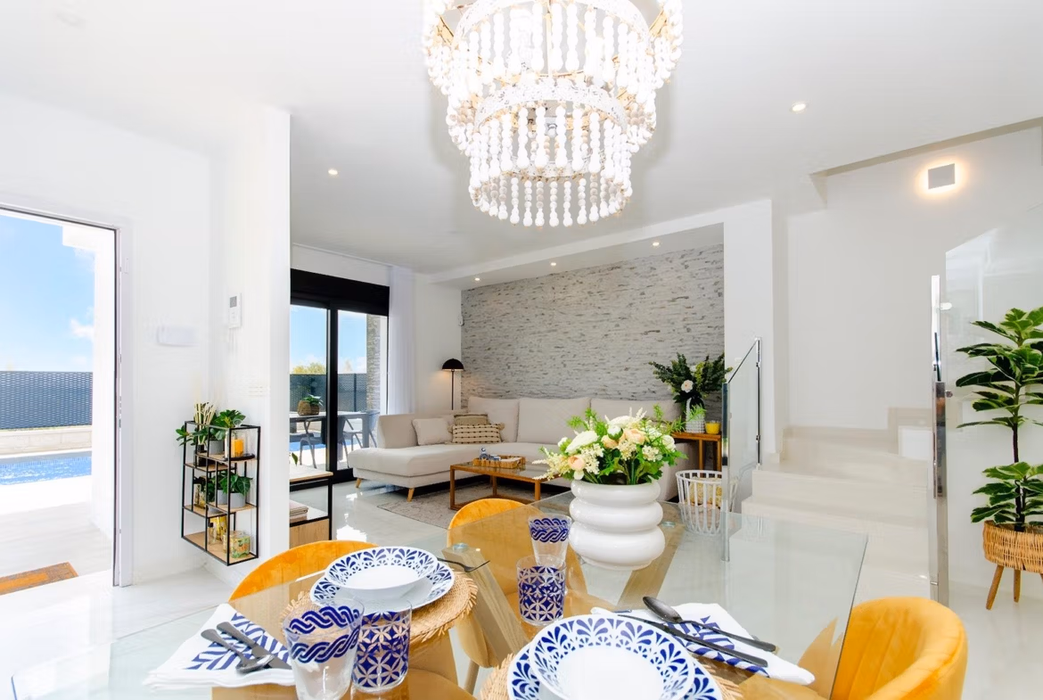Luxury-New-Build-Semi-Detached-Villas-at-Vistabella-Golf-Resort-8 Bright open-plan living and dining area with modern decor in a new build semi-detached villa at Vistabella Golf Resort