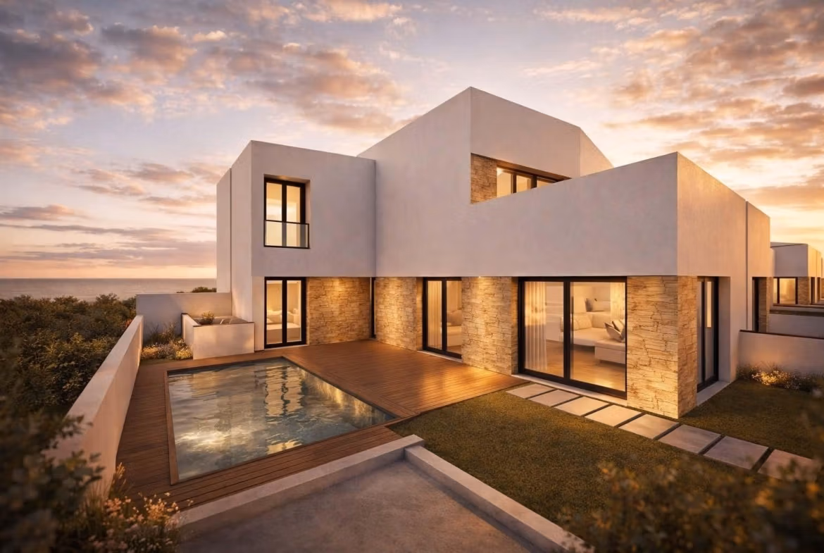 Nowoczesny nowa inwestycja quad willa exterior with small pool and terrace at sunset in Bigastro, Alicante