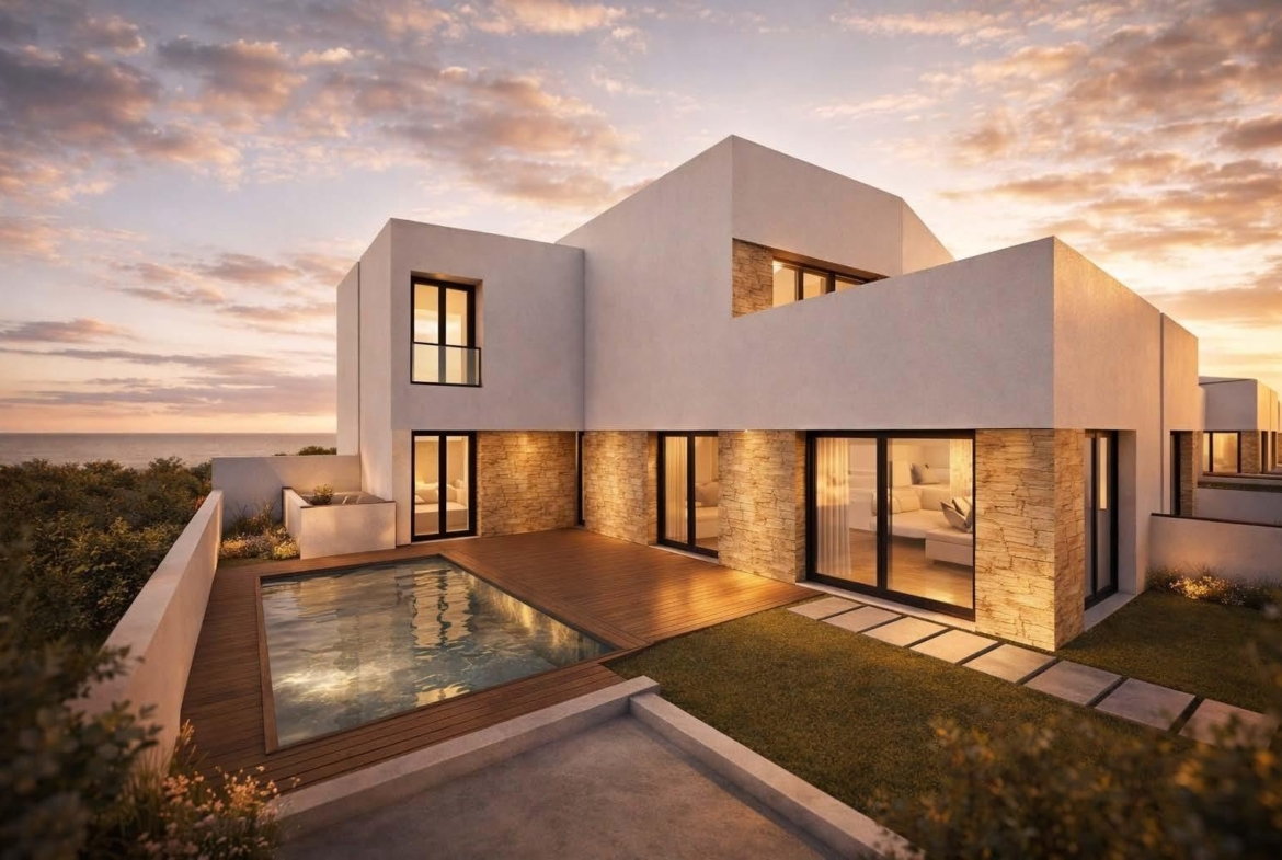 Modern quad home exterior with small pool and terrace at sunset in Bigastro, Alicante.