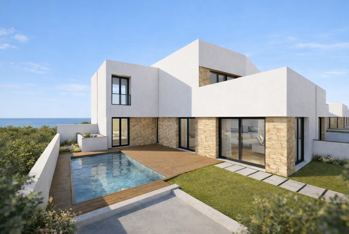 Modern new build quad villa with private pool and terrace in Bigastro, Alicante, overlooking coastal greenery.