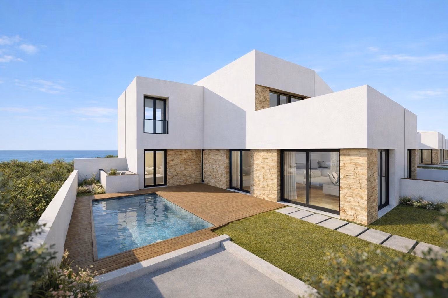 Modern new build quad villa with private pool and terrace in Bigastro, Alicante, overlooking coastal greenery.