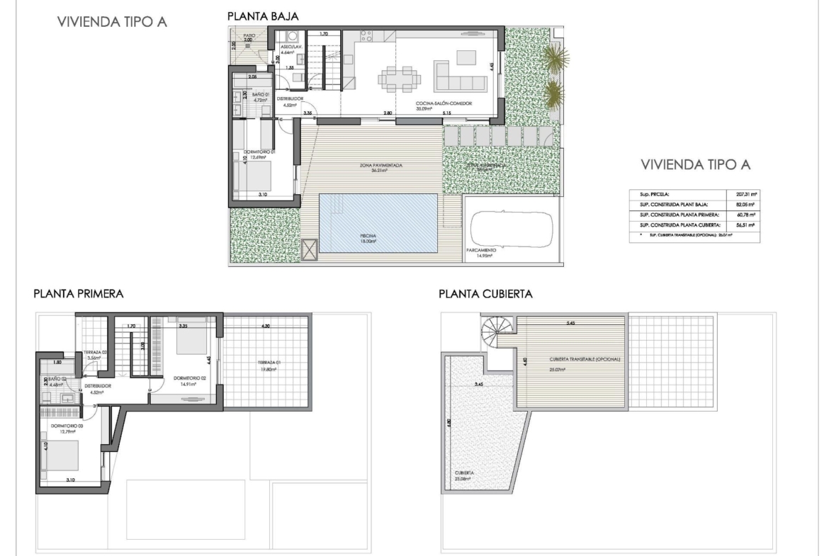 Floor plans showing ground floor with pool, first floor bedrooms, and rooftop terrace of modern quad property in Bigastro, Alicante.