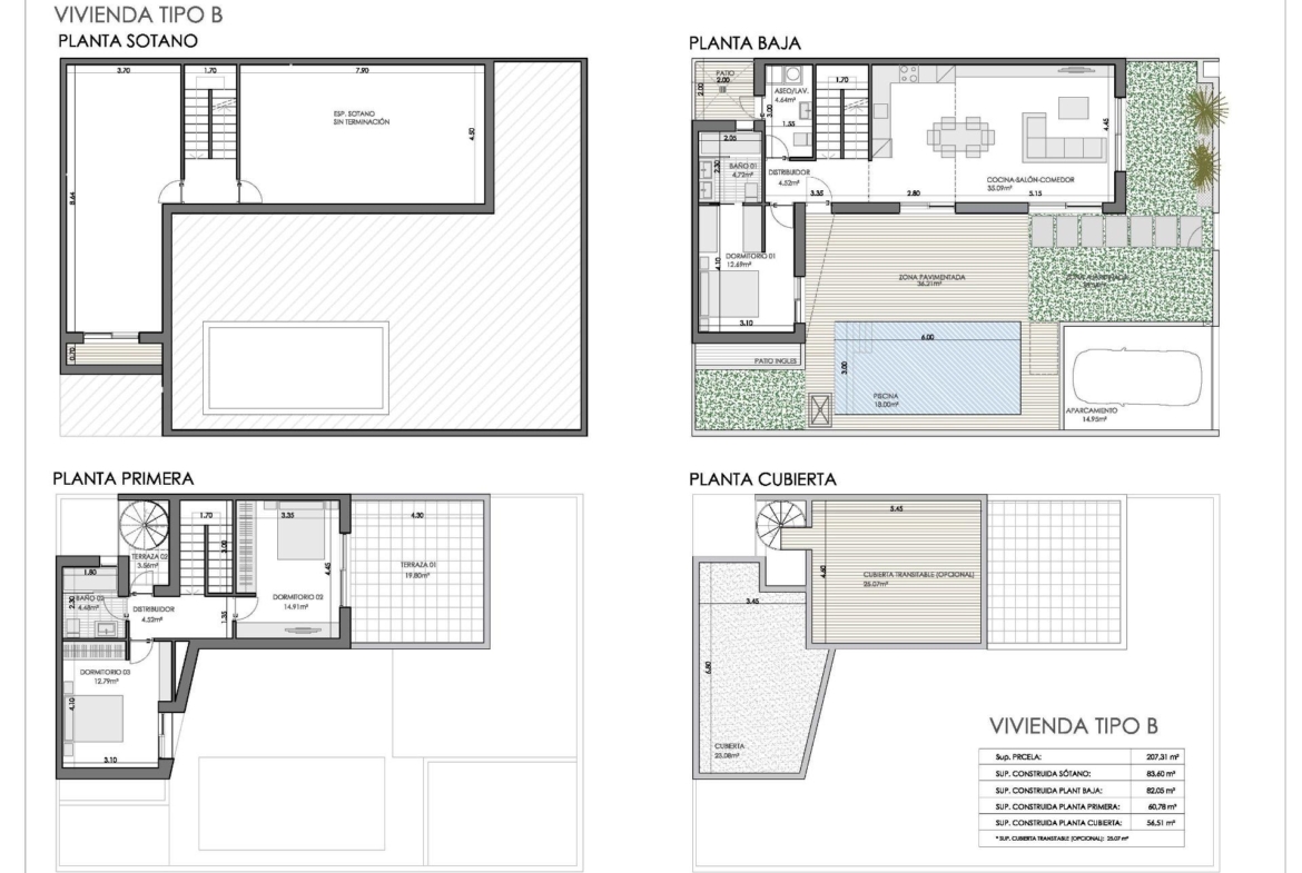 Architectural floor plans showing basement, ground floor with pool, first floor bedrooms, and rooftop terraces of a new quad villa in Bigastro, Alicante.