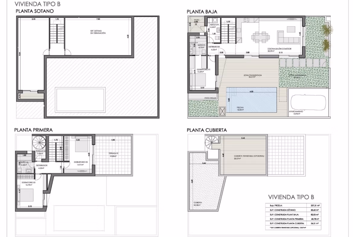 Architectural floor plans showing basement, ground floor with pool, first floor bedrooms, and rooftop terraces of a new quad villa in Bigastro, Alicante.