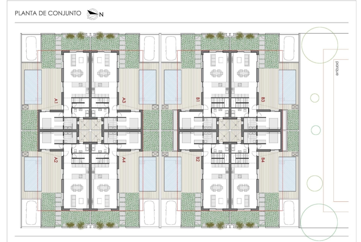 Top-down floor plan of a modern new build quad property with optional pools and garden areas in Bigastro, Alicante.