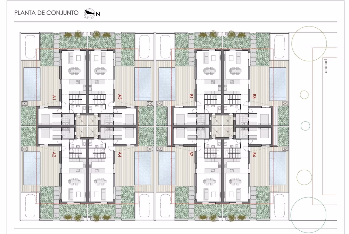 Architectural floor plan showing layout of new build quad villas with basements, gardens, and pools in Bigastro, Alicante.