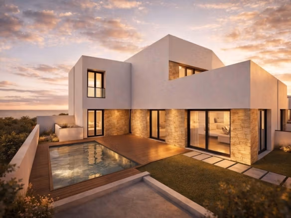 Moderno obra nueva quad villa exterior with small piscina and terrace at sunset in Bigastro, Alicante