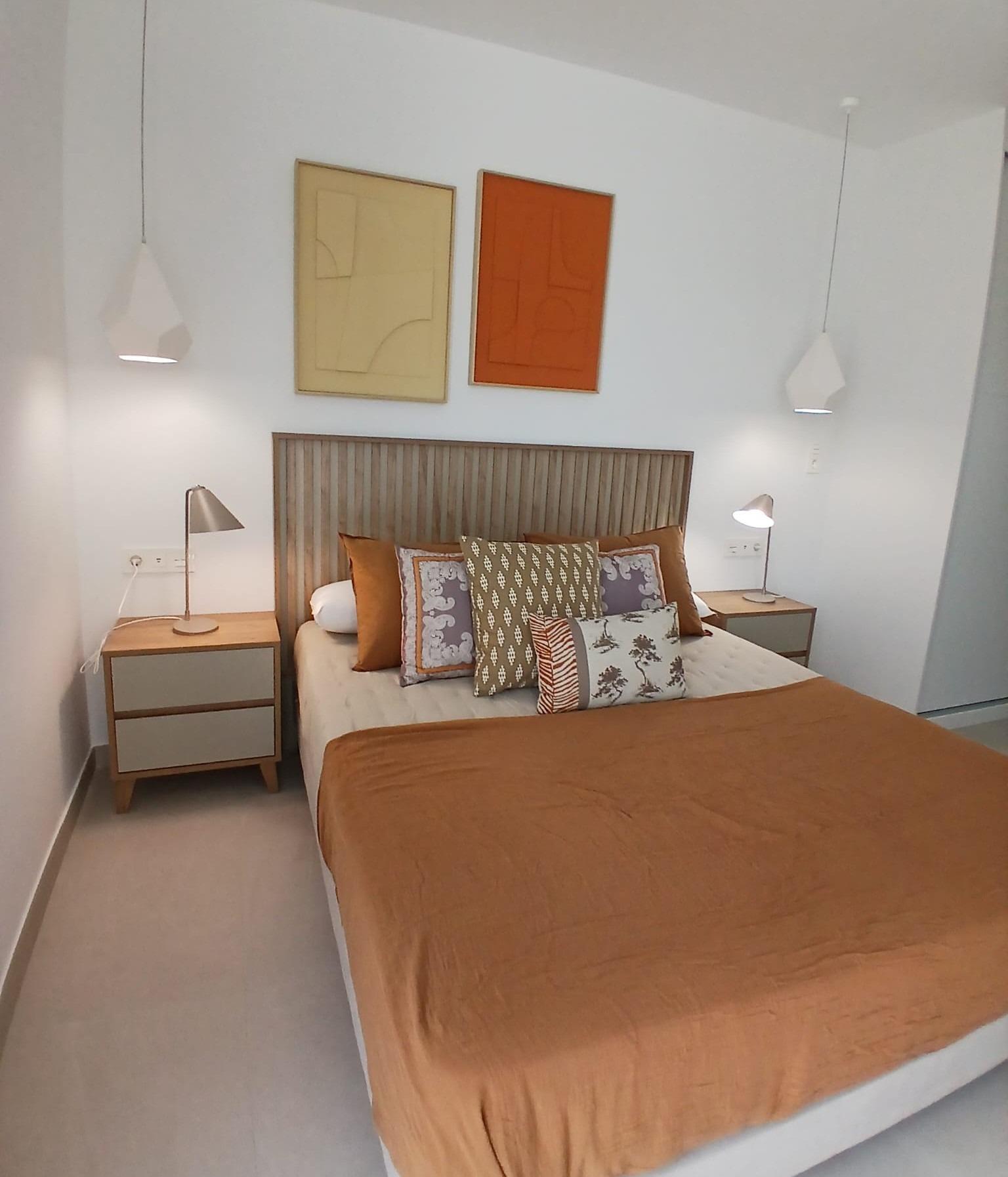 Modern-New-Build-Quad-Villas-in-Bigastro-Alicante-7 Modern bedroom with double bed and bedside tables in new build quad property in Bigastro, Alicante