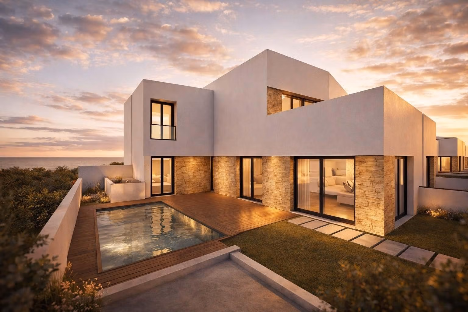 Nowoczesny nowa inwestycja quad willa exterior with small pool and terrace at sunset in Bigastro, Alicante