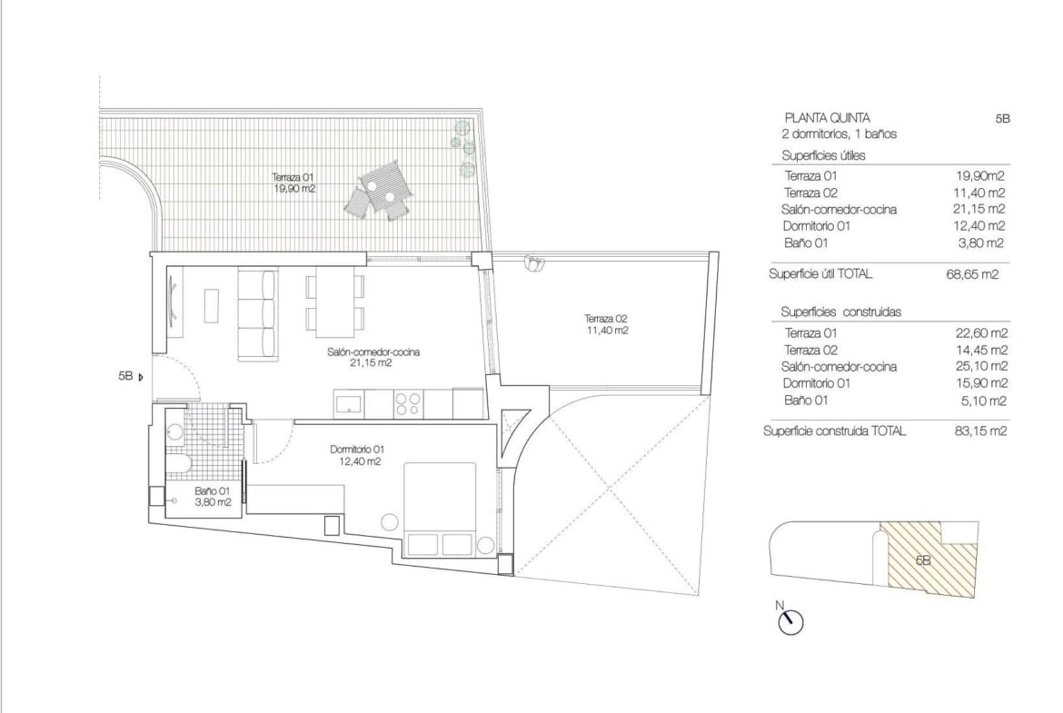 Floor plan of a 1-bedroom penthouse with two terraces in a new build near the beach in Torrevieja.