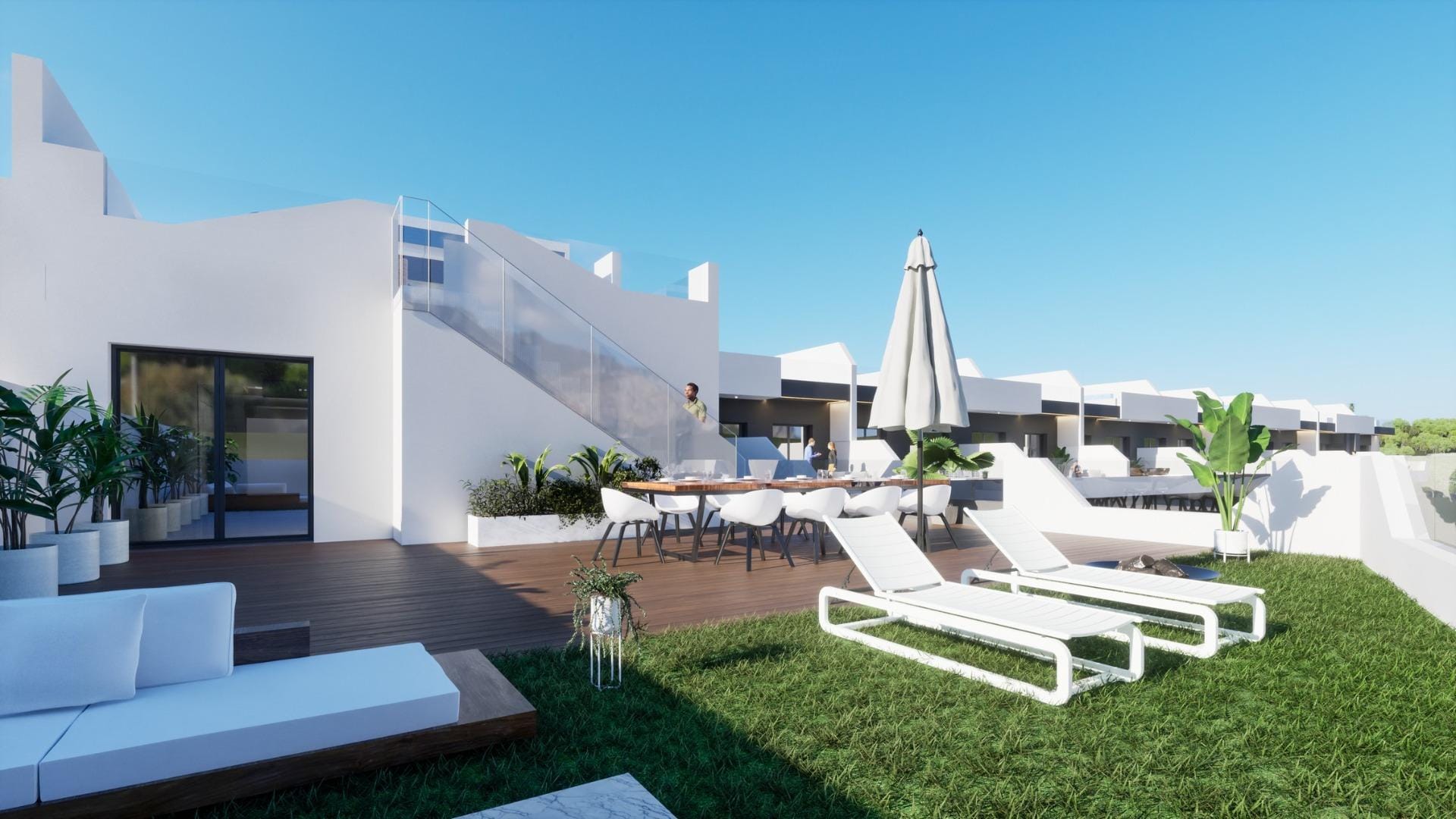 Rooftop terrace with sun loungers and seating area in a modern new build 3-bedroom apartment in Benijofar, Costa Blanca South
