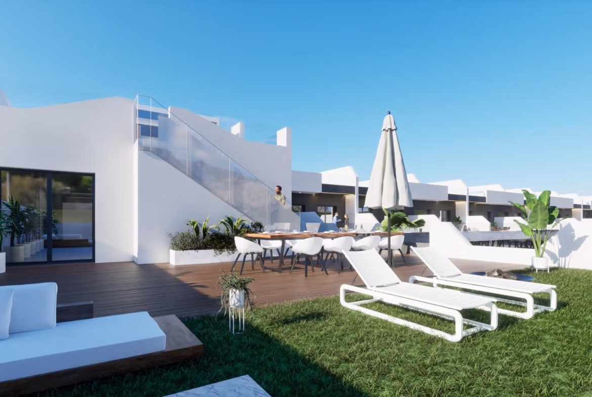 Sunlit rooftop terrace with seating and loungers at bright new build 2 bedroom apartment in Benijofar, Alicante