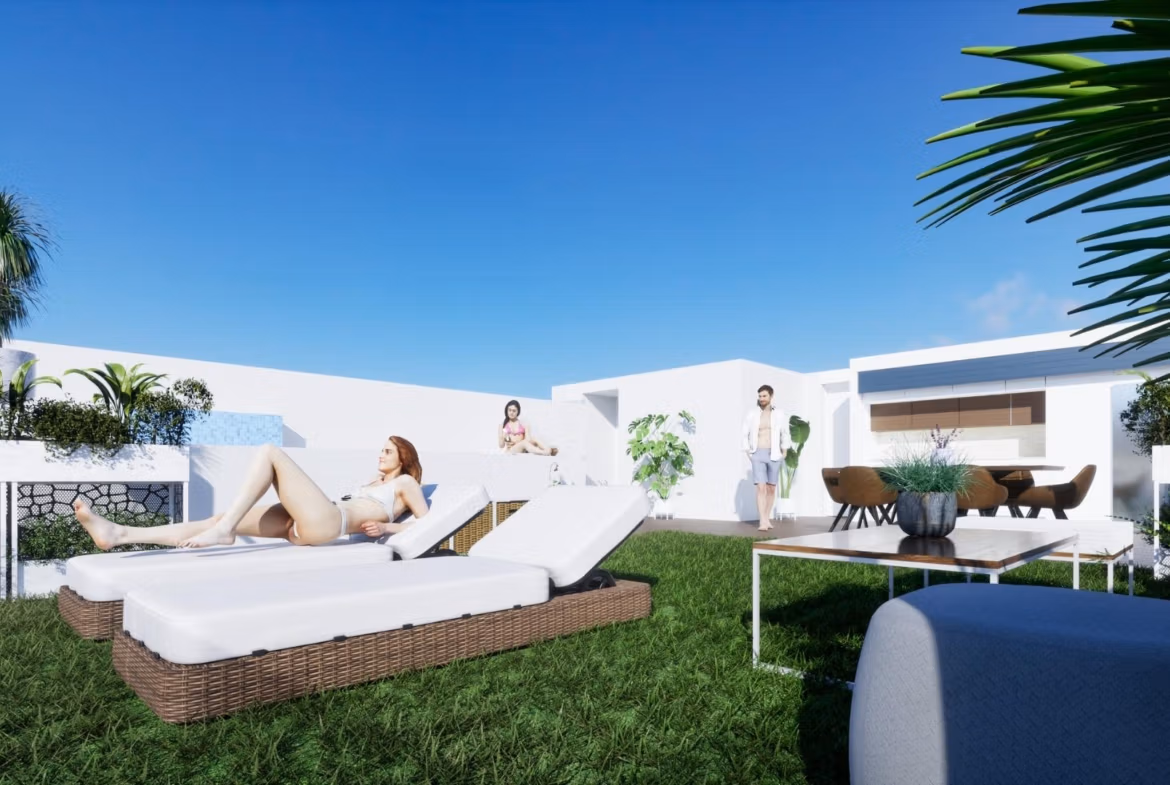 Rooftop terrace with lounge chairs and outdoor dining area of modern new build 3 bedroom apartment in Benijofar, Costa Blanca South