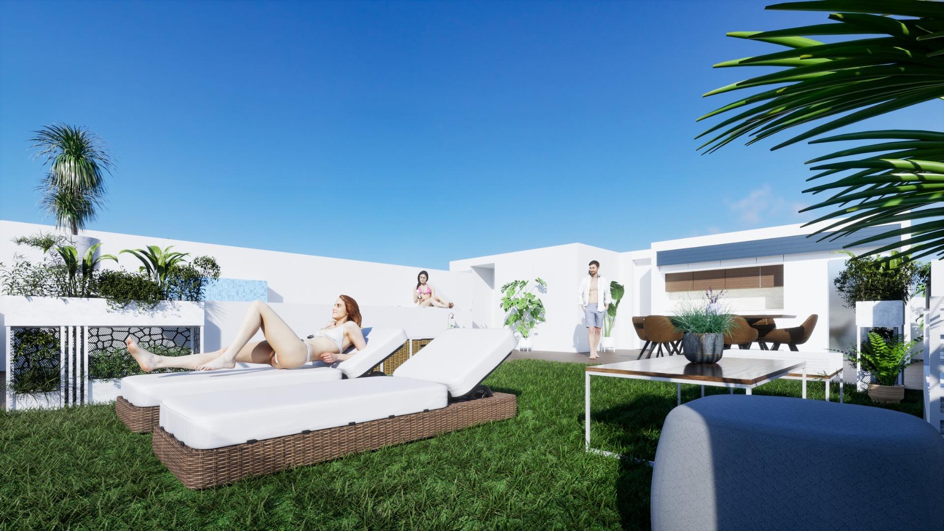 NEW-BUILD-BUILD-RESIDENTIAL-COMPLEX-IN-BENIJOFAR-21 Sunny outdoor terrace with lounge chairs and dining area of a new build 4-bedroom ground floor apartment in Benijofar
