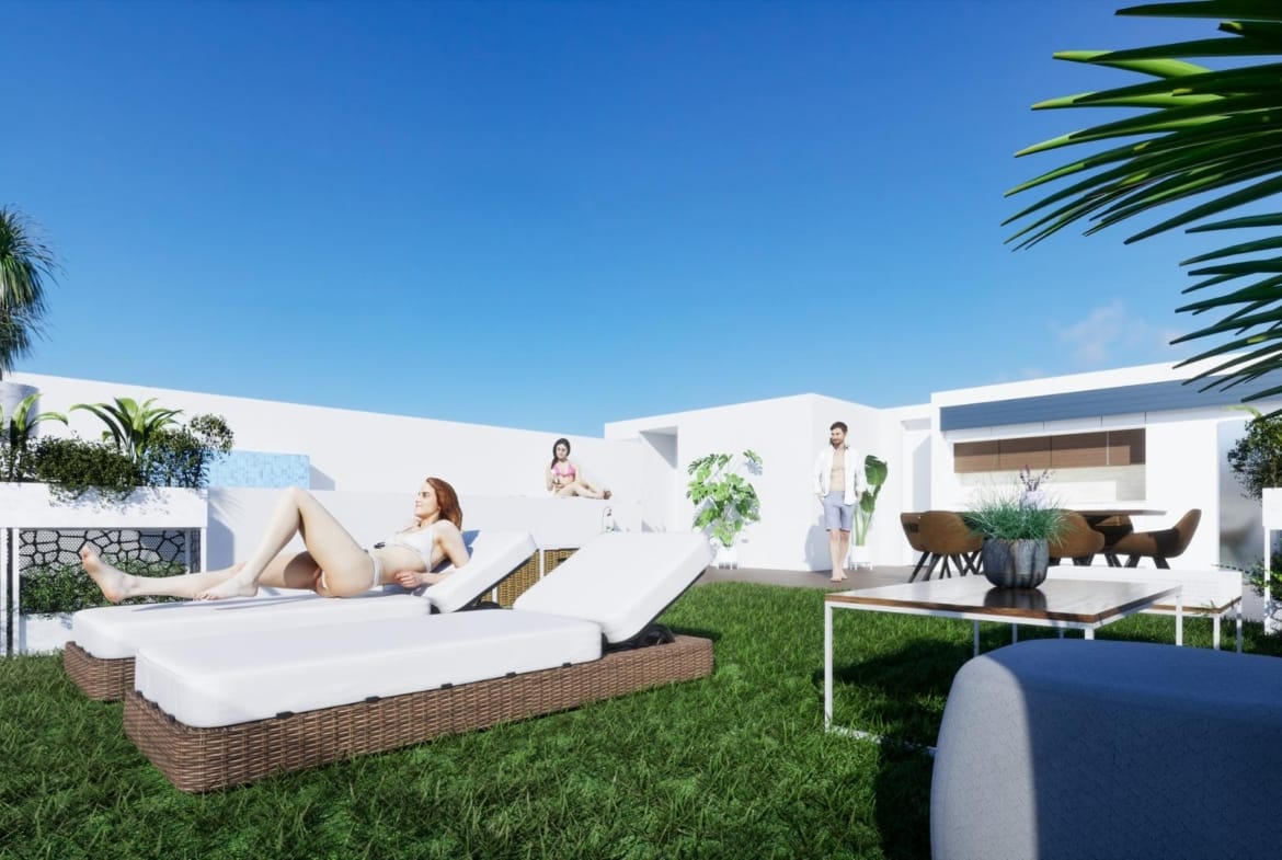 Rooftop terrace with loungers and dining area in bright new build 2 bedroom apartment for sale in Benijofar, Alicante