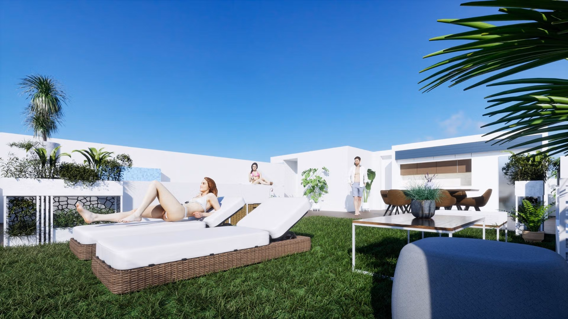 Rooftop terrace with loungers and dining area in bright new build 2 bedroom apartment for sale in Benijofar, Alicante