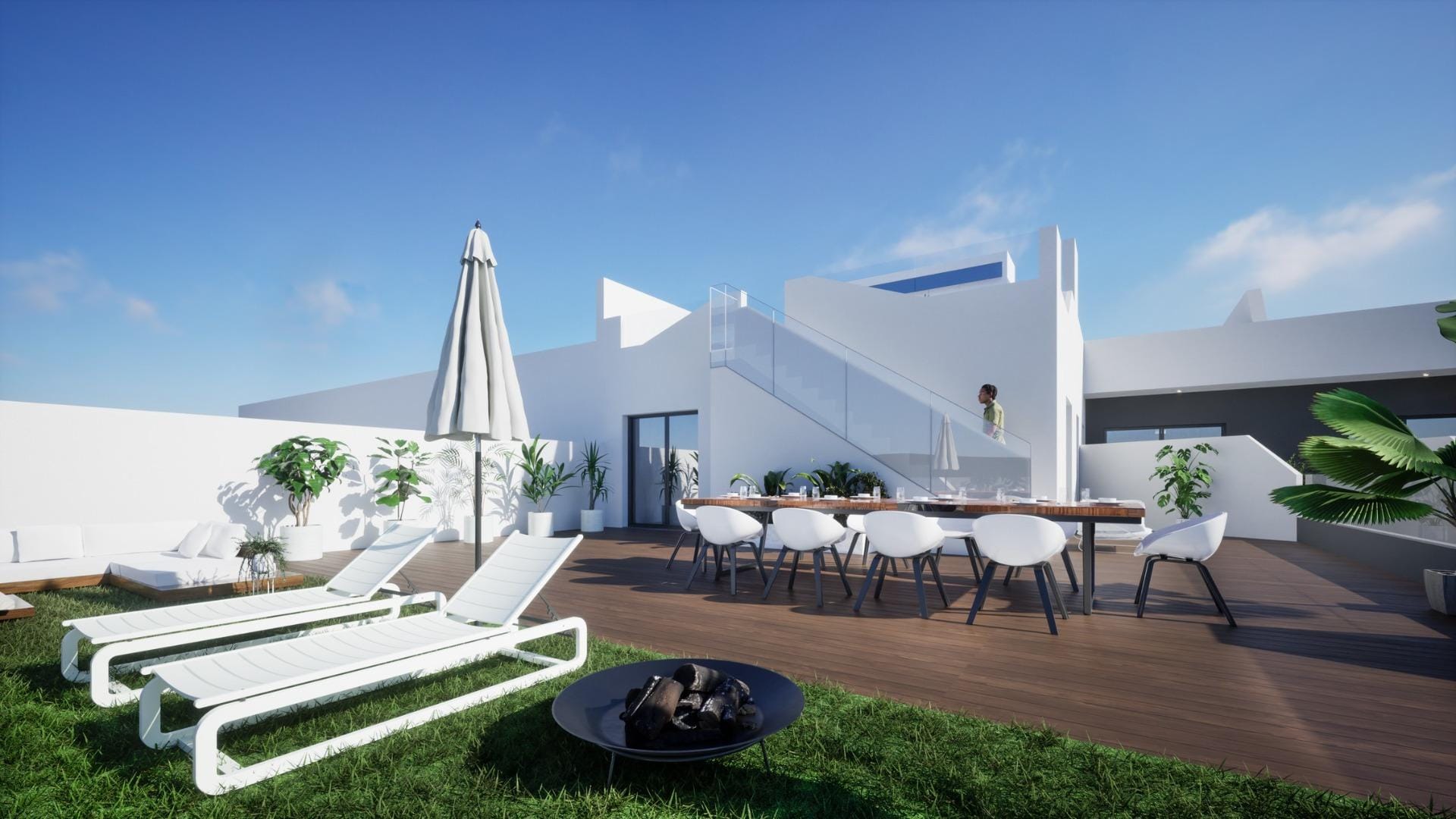 Spacious terrace with sun loungers, dining area, and modern outdoor design of new 2 bedroom apartment in Benijofar, Alicante