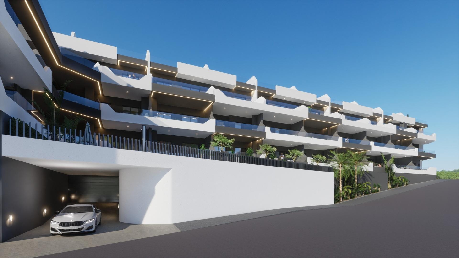 Modern new build 3 bedroom apartment exterior in Benijofar, Costa Blanca South with balconies and underground parking.