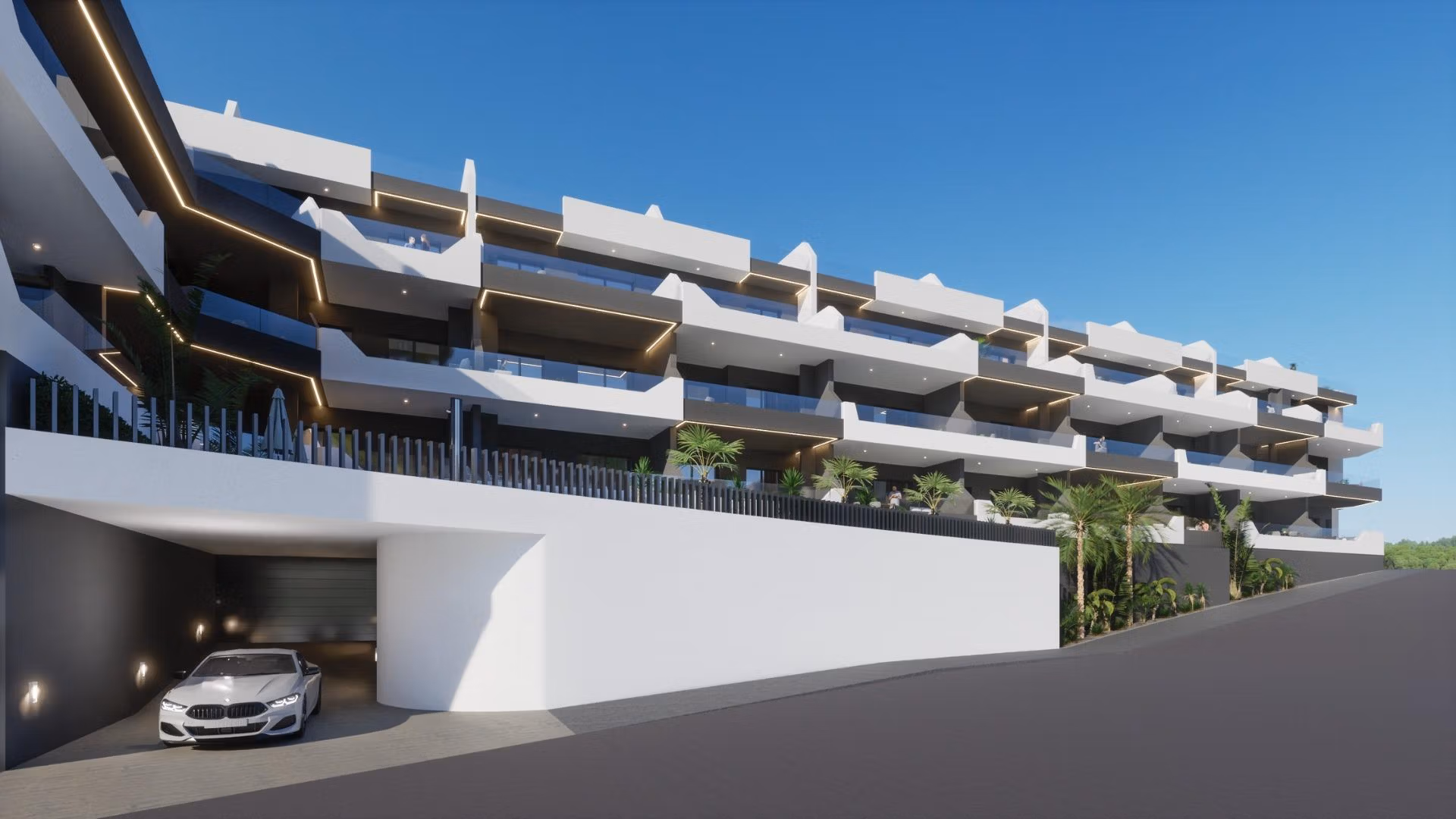 Modern new build 3 bedroom apartment exterior in Benijofar, Costa Blanca South with balconies and underground parking.