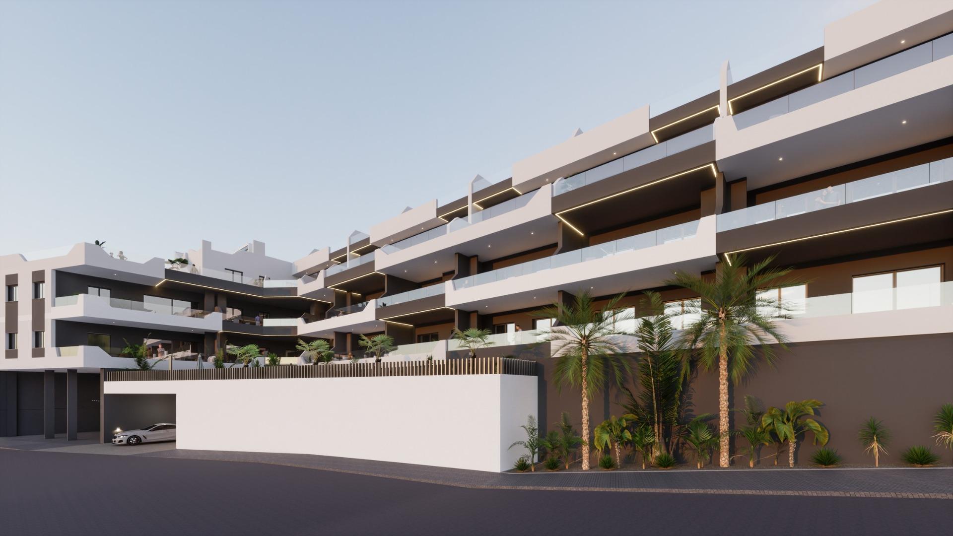 NEW-BUILD-BUILD-RESIDENTIAL-COMPLEX-IN-BENIJOFAR-31 Modern exterior of a new build 4 bedroom ground floor apartment complex with palm trees in Benijofar.