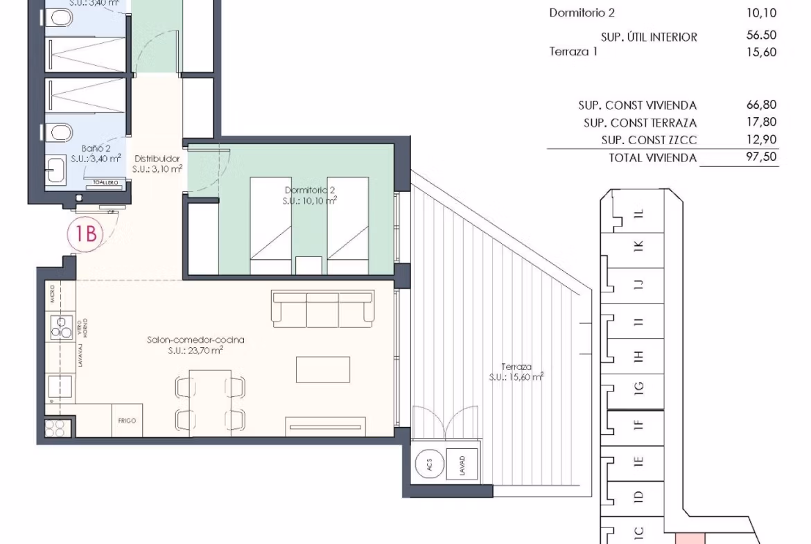 Floor plan and exterior view of a bright new build 2 bedroom apartment with terrace in Benijofar, Alicante
