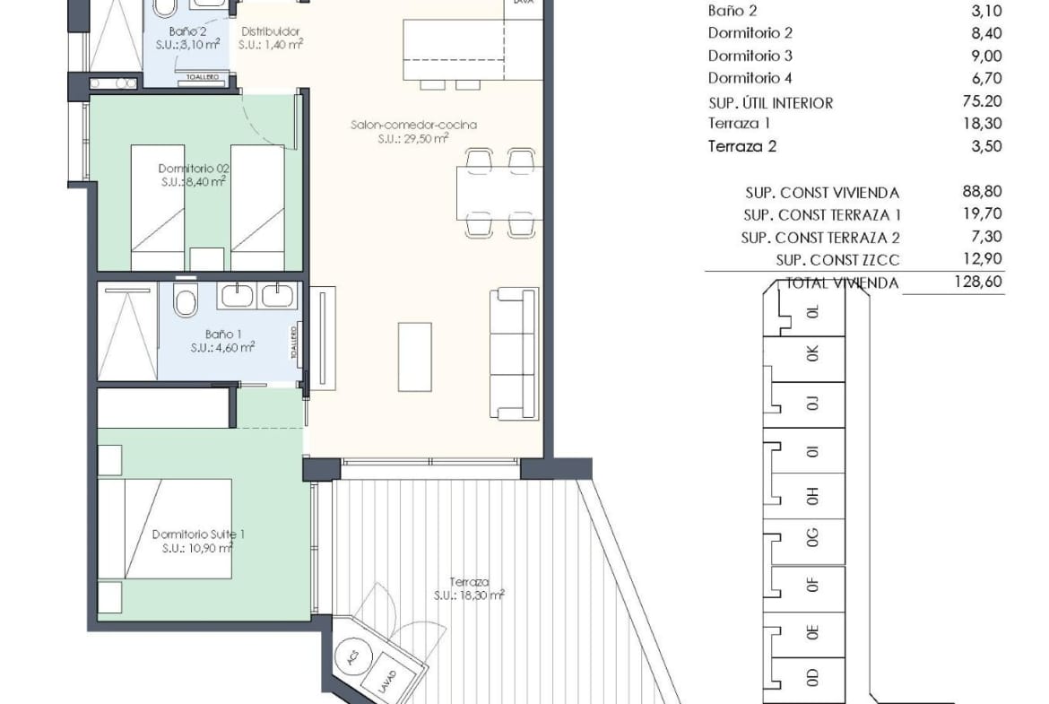 Ground floor layout of new build 4 bedroom apartment in Benijofar showing bedrooms, kitchen, bathrooms, and terraces.