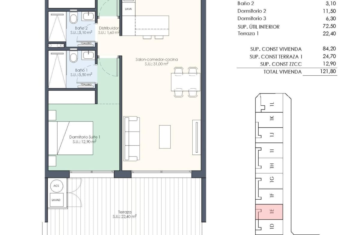 Floor plan of modern 3-bedroom apartment with terrace in Benijofar, Costa Blanca South new build development