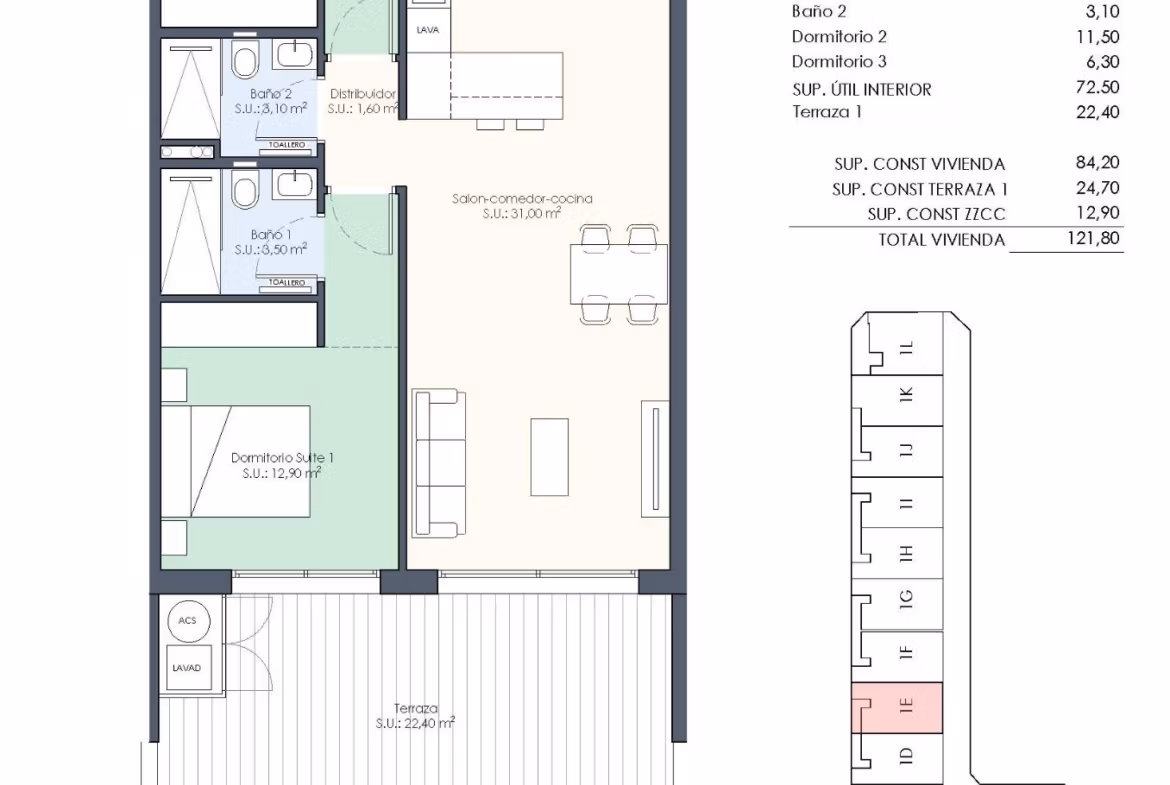 Floor plan of modern 3-bedroom apartment with terrace in Benijofar, Costa Blanca South new build development
