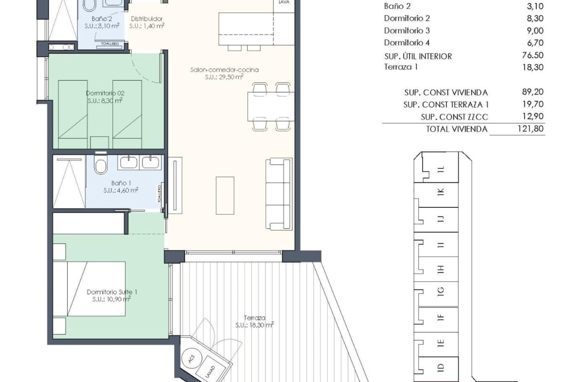 Floor plan of spacious 4-bedroom new build apartment in Benijofar, Alicante with large terrace and open living area