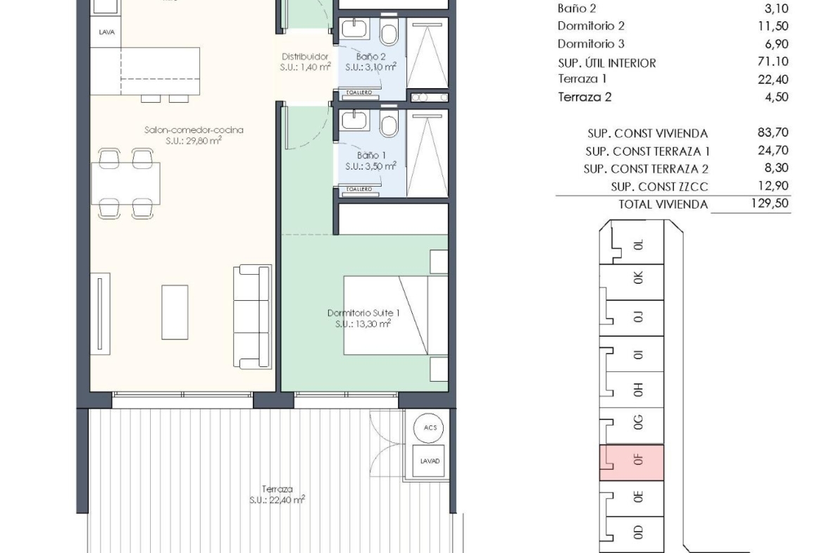 Floor plan and exterior of a new build 3-bedroom ground floor apartment for sale in Benijofar
