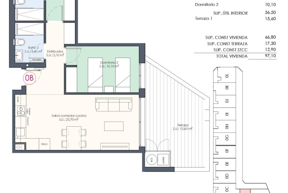 Floor plan and exterior view of a new build 2-bedroom ground floor apartment in Benijofar with terrace and communal pool
