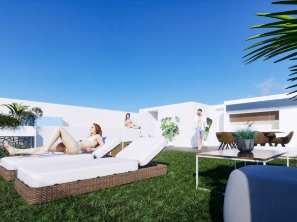 Sonniges Solarium mit Sonnenliegen und Essbereich im Freien bei einem Neubau-Penthouse mit 2 Schlafzimmern in Benijófar