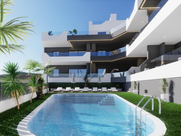 Modern ground floor 3-bedroom apartment exterior in Benijofar with a pool, sun loungers, and balcony terraces.