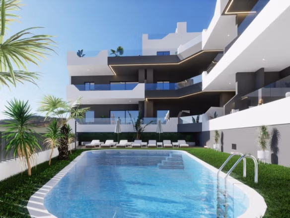 Außenansicht einer modernen Erdgeschosswohnung mit 3 Schlafzimmern in Benijófar, mit Pool, Sonnenliegen und Balkonterassen.