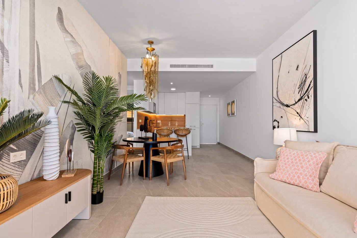 Open-plan living and dining area with modern decor in a 3 bedroom apartment in Benijofar, Costa Blanca South