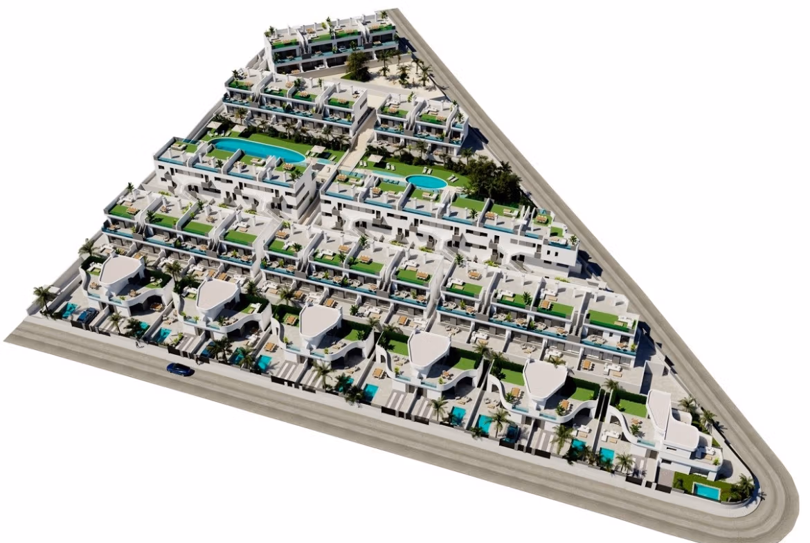 NEW-BUILD-RESIDENCIAL-IN-LOS-BALCONES-TORREVIEJA-10 Aerial view of modern top floor apartments with solariums, pools, and green terraces in Los Balcones, Torrevieja.