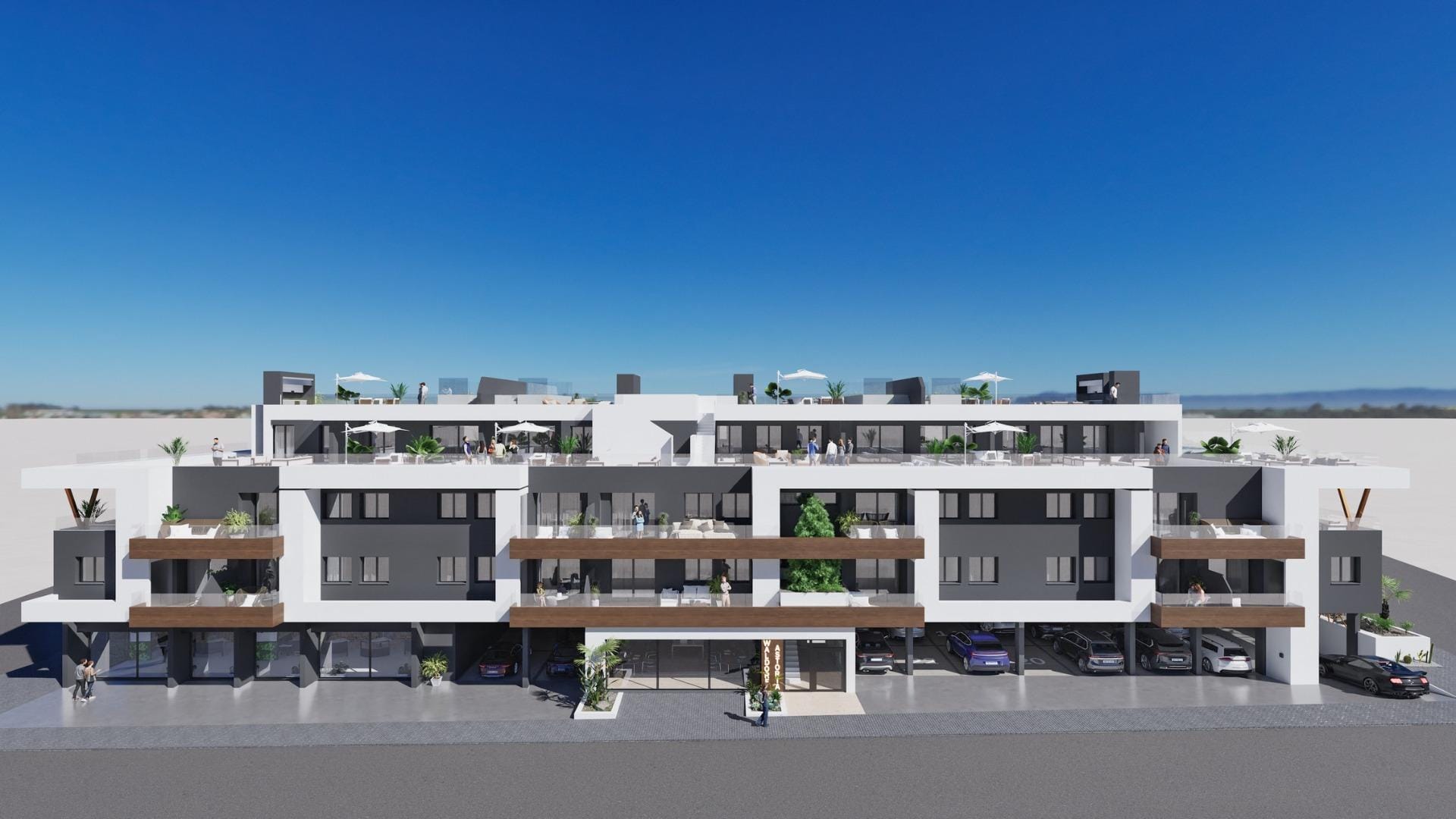 Modern three-story building with balconies, terraces, and parking for the new 2-bedroom top floor apartment in Benijofar.