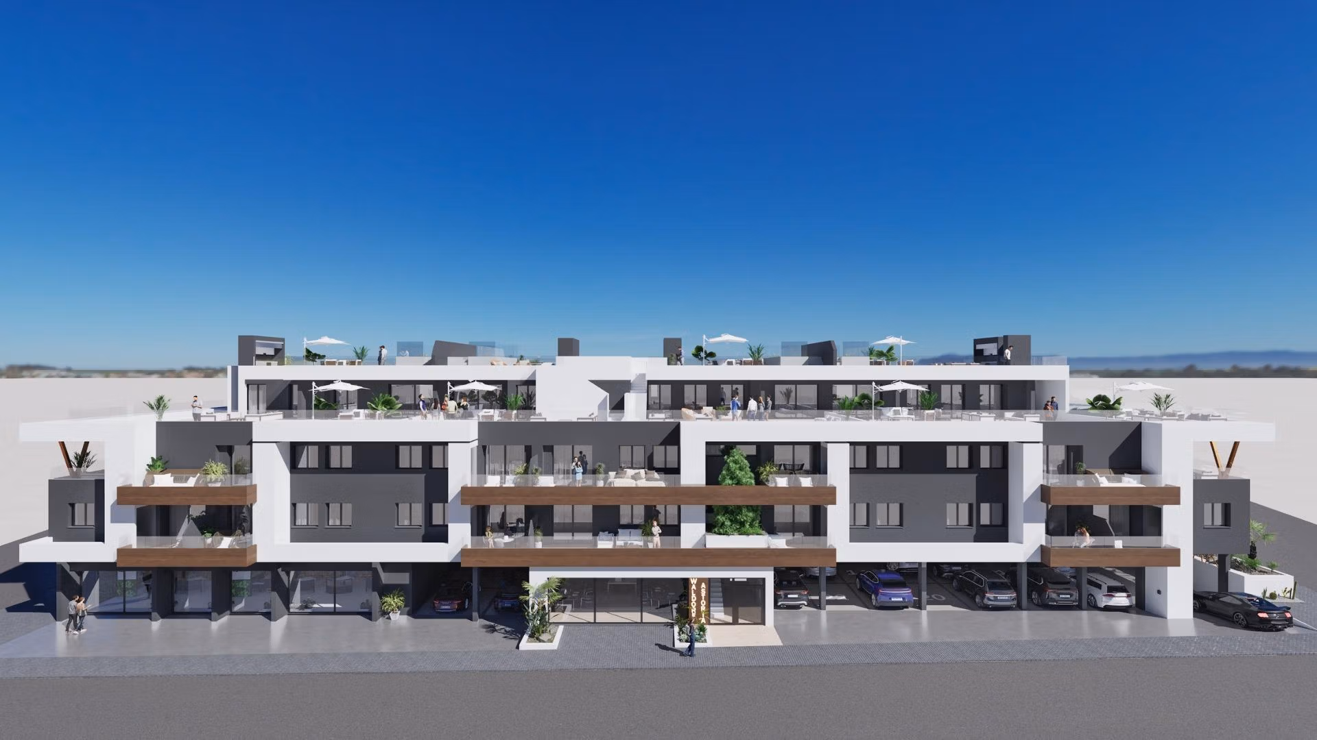 NEW-BUILD-RESIDENTIAL-IN-BENIJOFAR-1 Modern three-story building with balconies, terraces, and parking for the new 2-bedroom top floor apartment in Benijofar.
