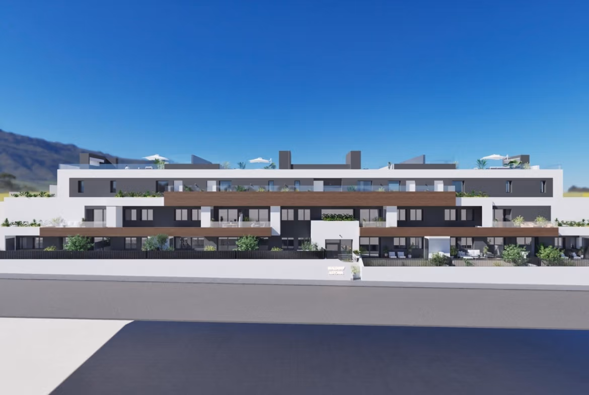 NEW-BUILD-RESIDENTIAL-IN-BENIJOFAR-10 Modern elevated top floor 2 bedroom apartment building with terraces and solariums in Benijofar against mountain backdrop