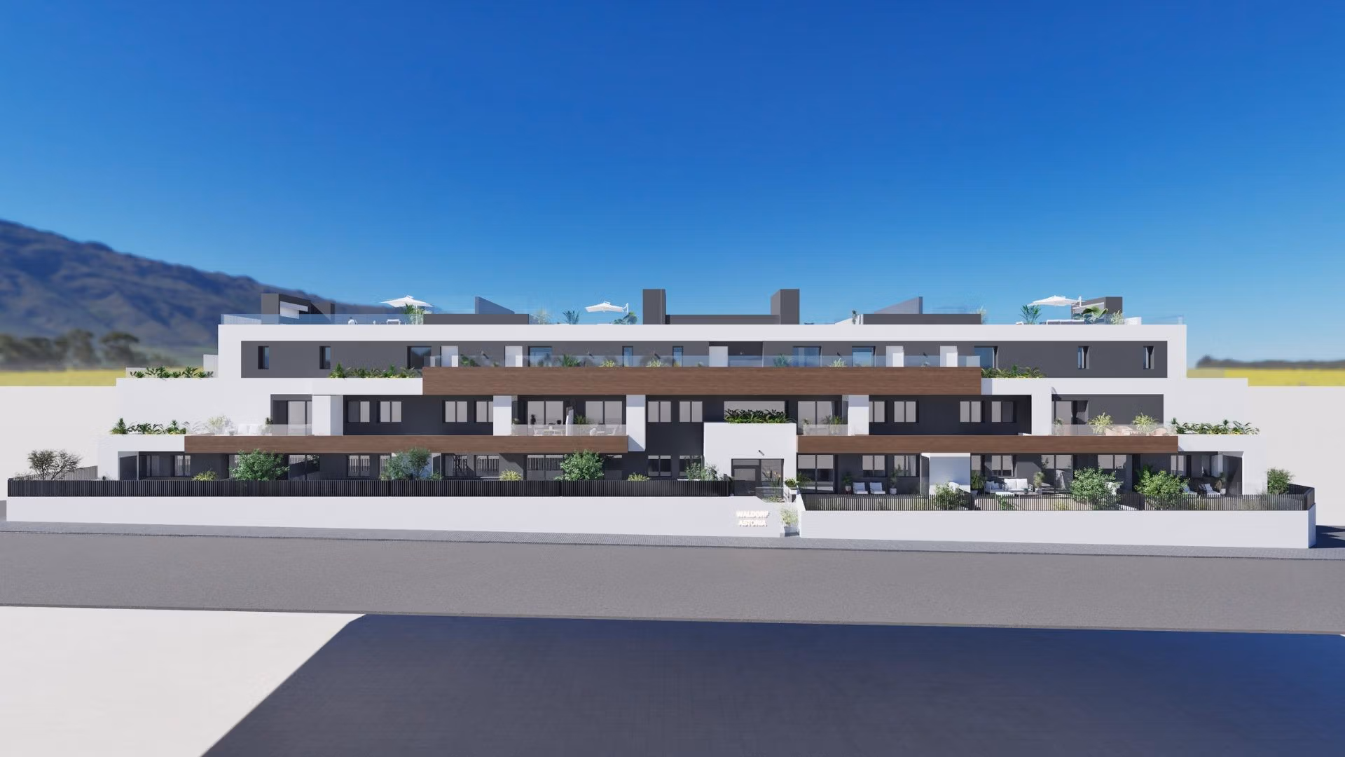NEW-BUILD-RESIDENTIAL-IN-BENIJOFAR-10 Modern elevated top floor 2 bedroom apartment building with terraces and solariums in Benijofar against mountain backdrop