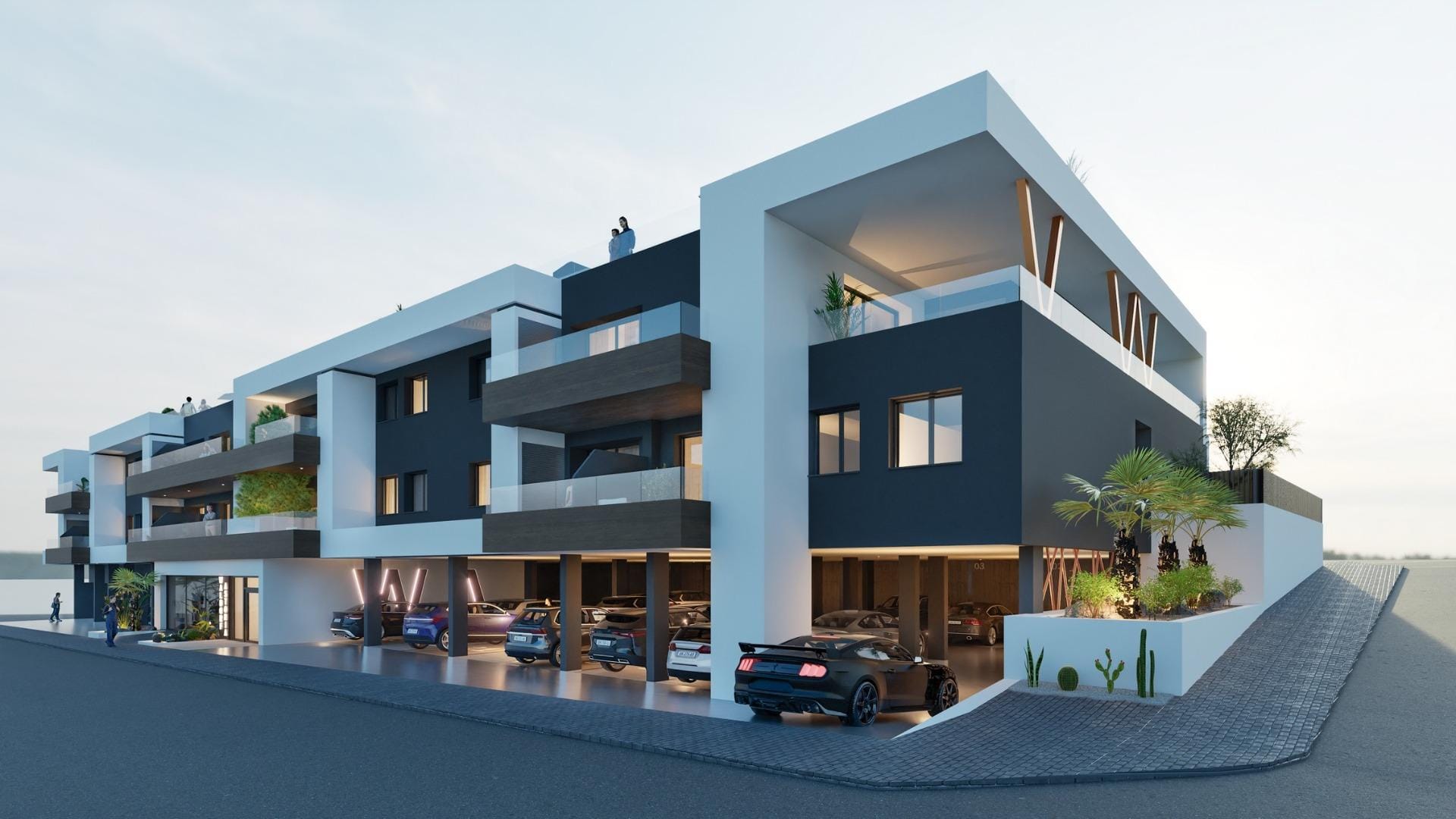 Modern two-bedroom apartment building exterior in Benijofar, Alicante, with covered parking and balconies.
