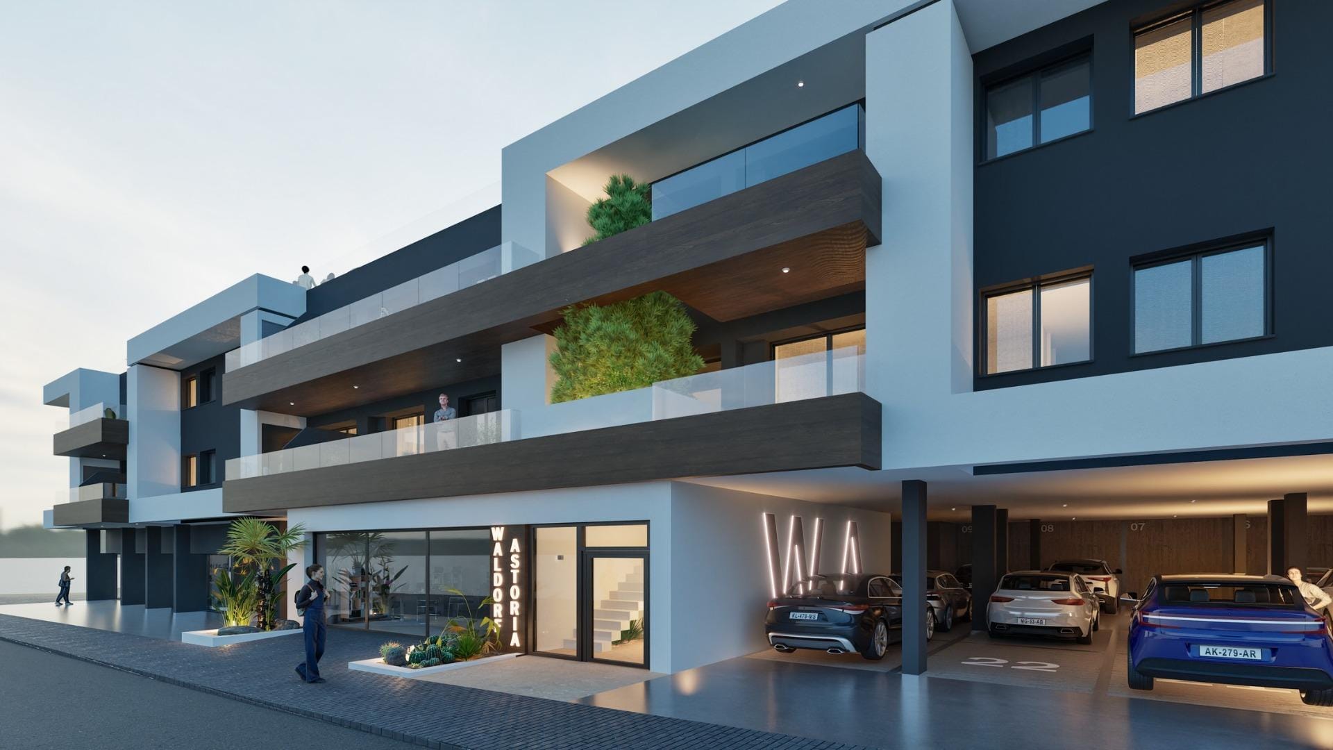 NEW-BUILD-RESIDENTIAL-IN-BENIJOFAR-12 Modern exterior of spacious new build 3 bedroom apartment building with parking in Benijofar at dusk
