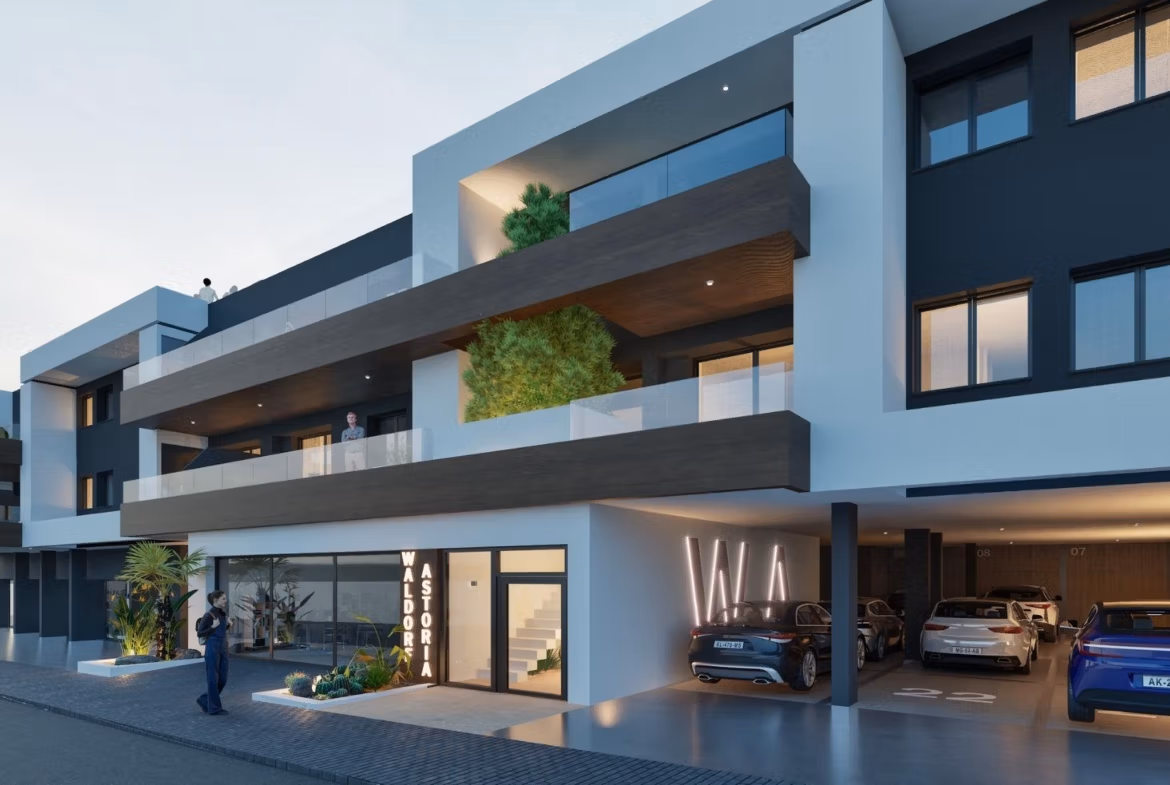 NEW-BUILD-RESIDENTIAL-IN-BENIJOFAR-12 Modern exterior of elevated new build 2 bedroom top floor apartment with solarium and parking in Benijofar